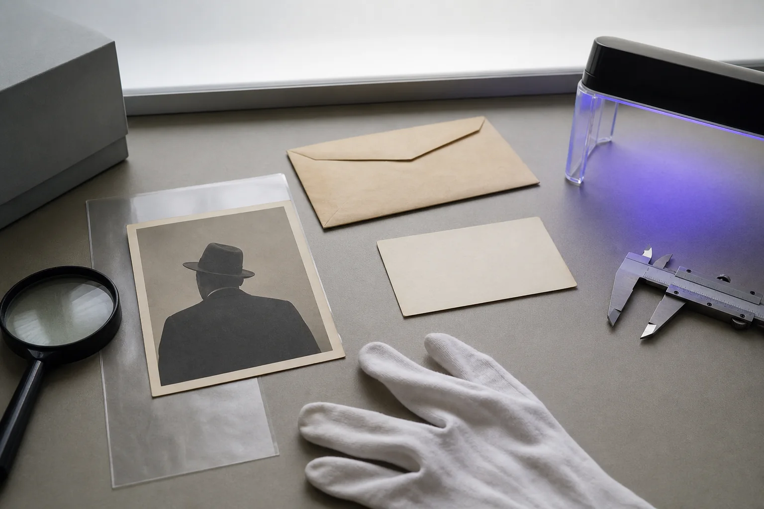 Photorealistic editorial conservation lab with an anonymous period silhouette, blank card, envelope, magnifier, and calipers