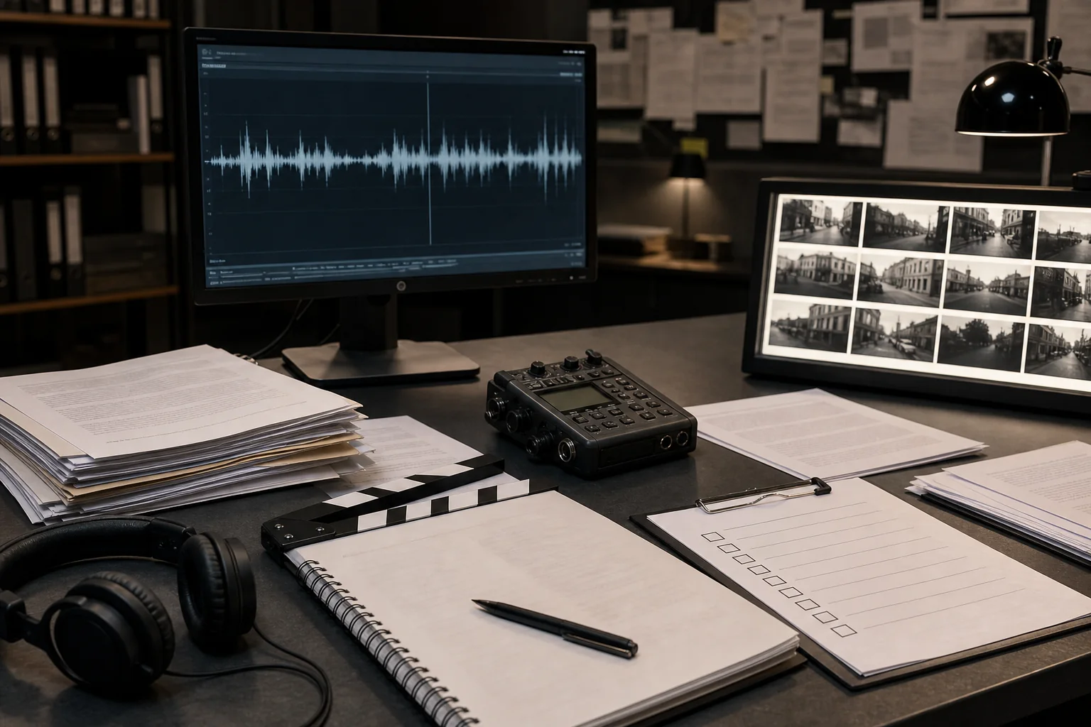 Photorealistic editorial fact-checking workstation with audio waveform, archival frames, transcripts, and source checklist