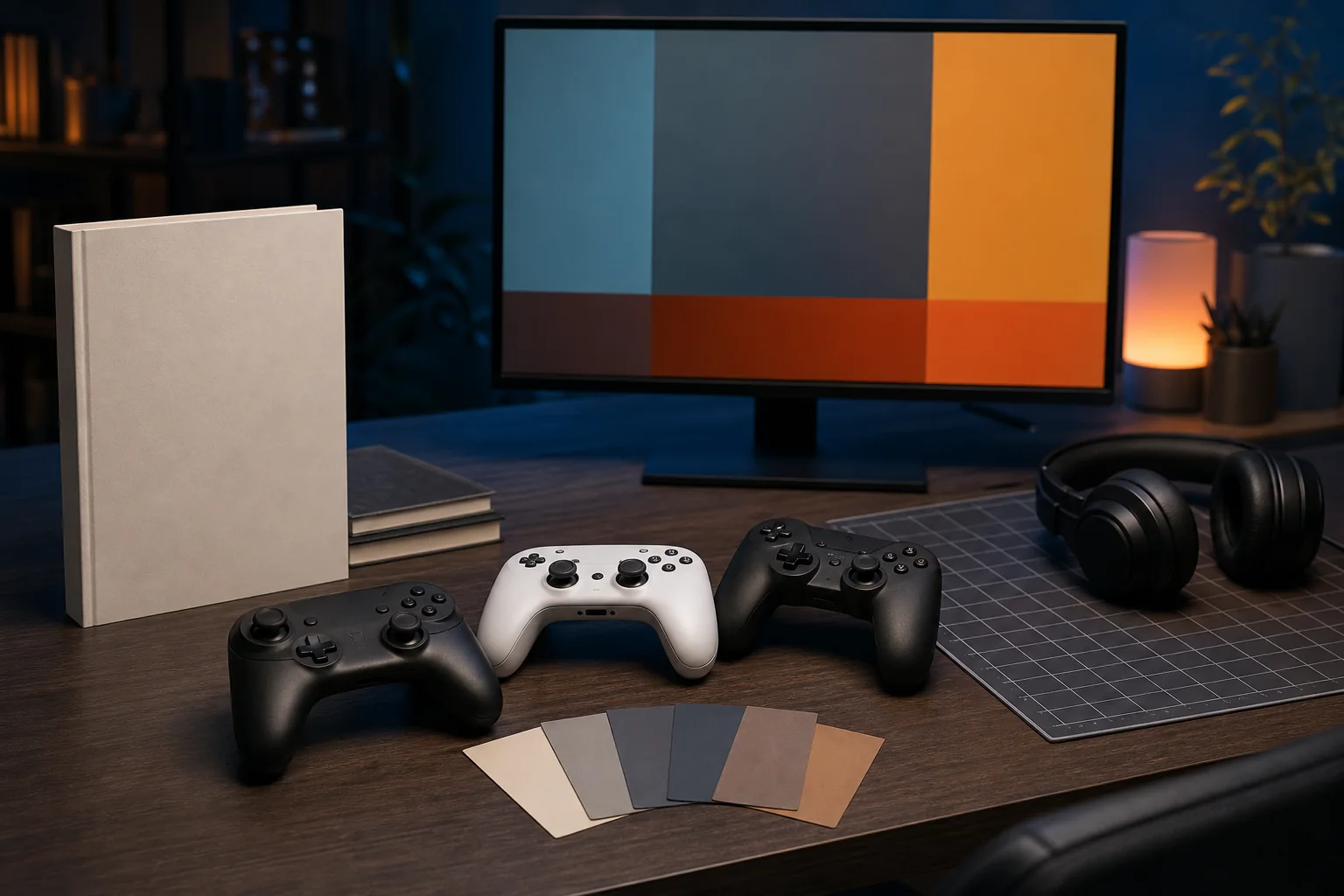 Photorealistic editorial game-review studio with unbranded controllers, headphones, a tactical grid, and rating cards