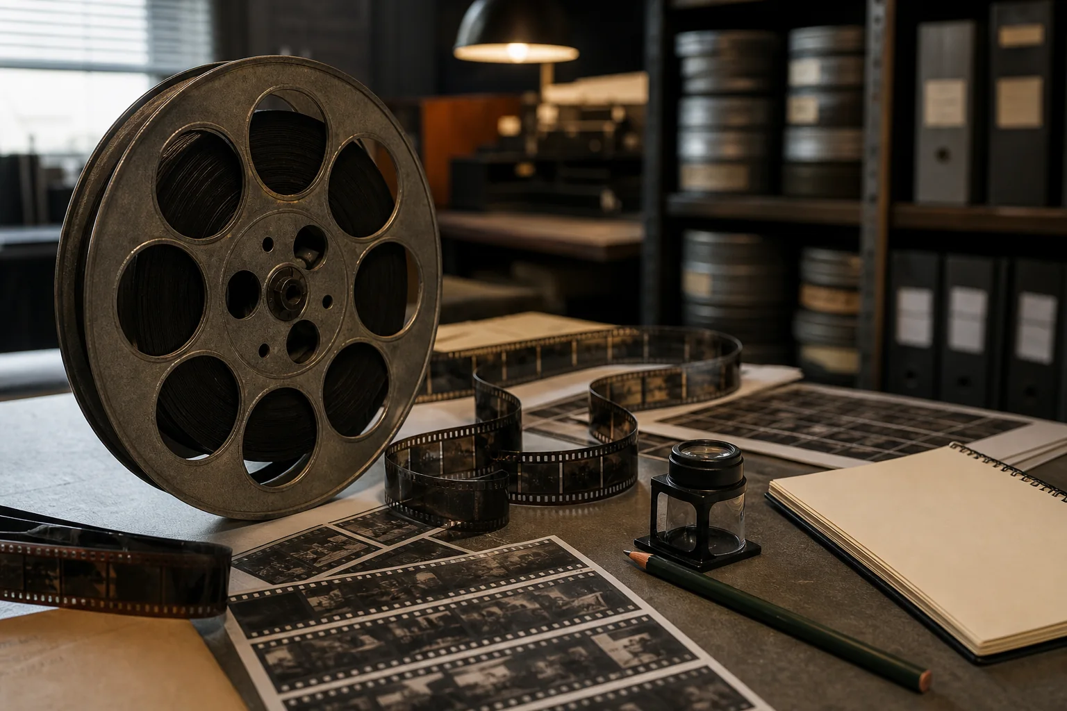 Photorealistic editorial scene of film reels, contact strips, and archival review materials