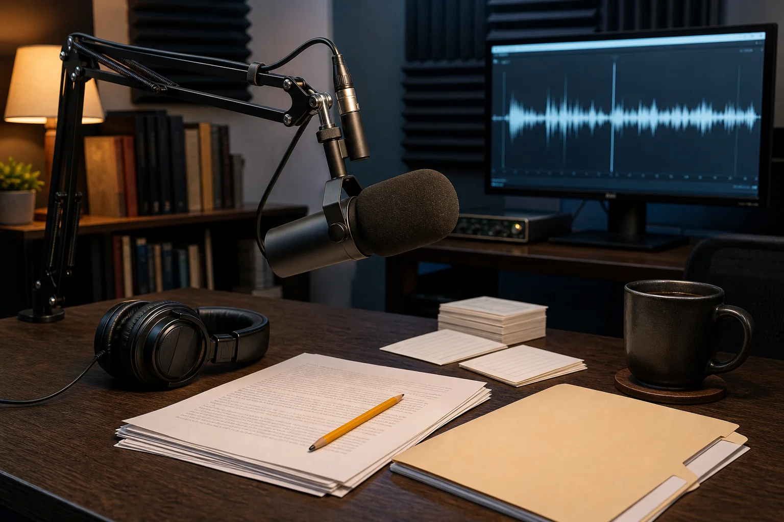 Photorealistic editorial podcast studio with microphone, headphones, waveform, transcripts, and source cards
