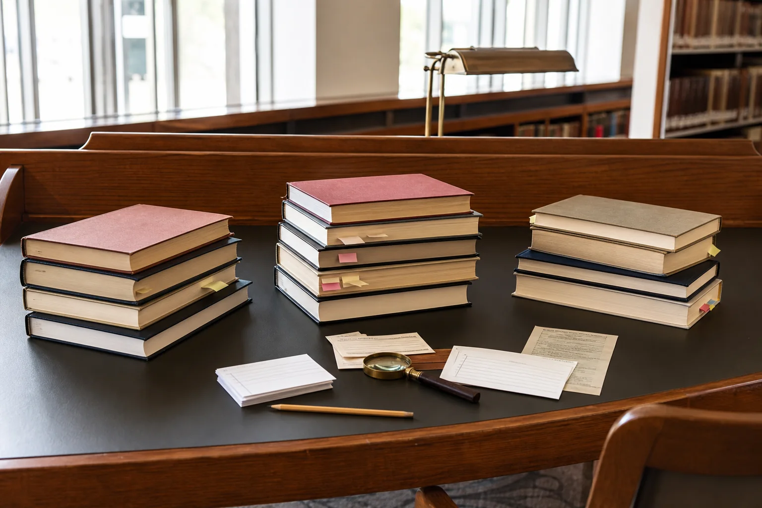 Photorealistic editorial library desk with untitled nonfiction books arranged by reader goal