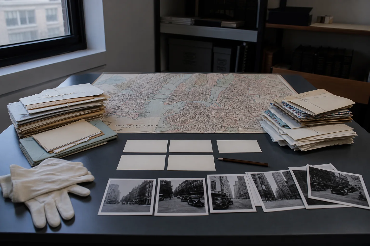 Photorealistic editorial archive table with a New York map, two document stacks, and a blank 1928 to 1931 timeline
