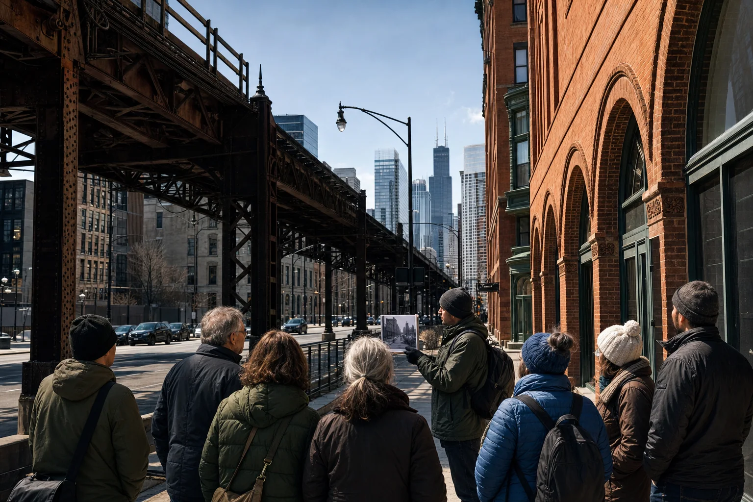 Photorealistic editorial scene of a responsible Chicago history tour beneath the elevated railway