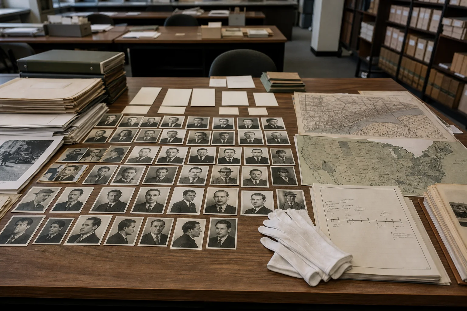 Photorealistic editorial archive table with generic biographical contact cards, maps, and gloves