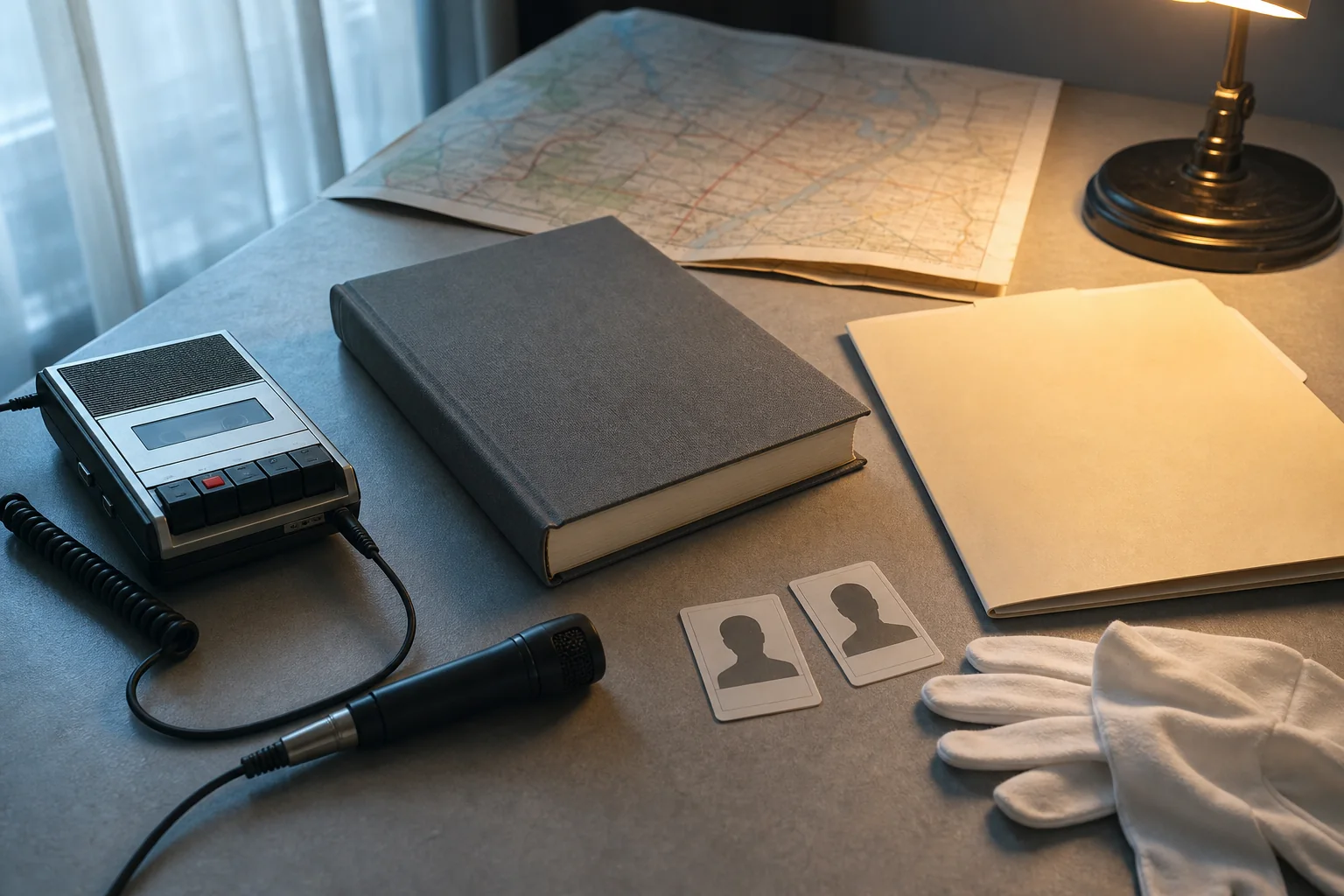Photorealistic editorial reconstruction with an untitled book, vintage recorder, anonymous ID cards, and court folder