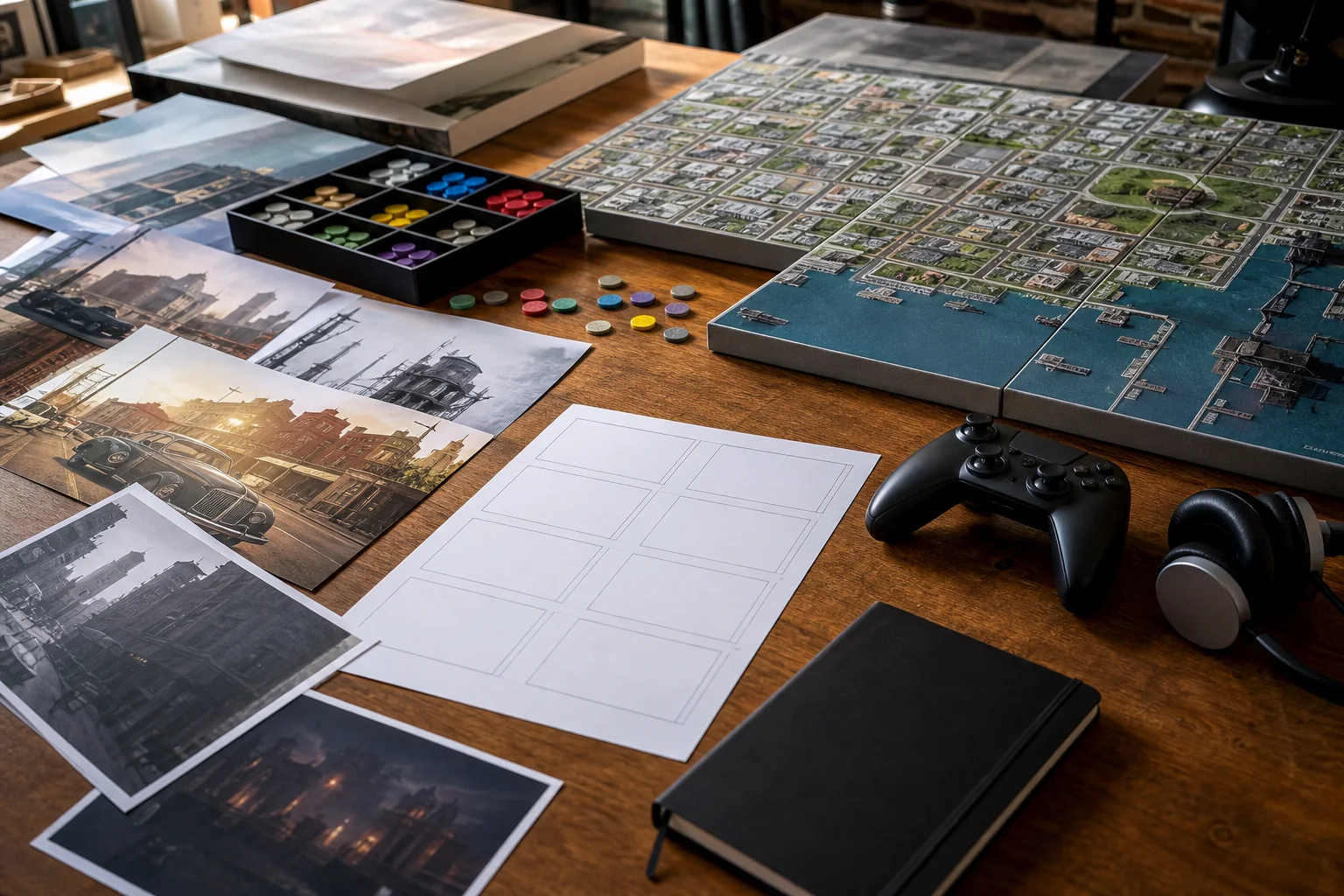 Photorealistic editorial game-design studio with a controller, city-map tiles, storyboard, and strategy tokens
