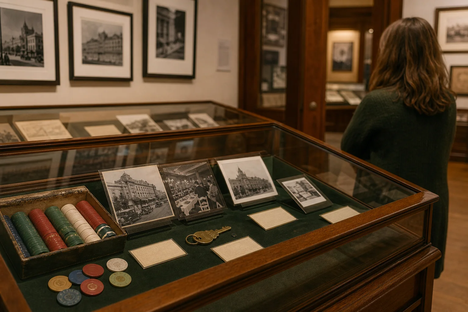 Photorealistic editorial scene inside a small Hot Springs history museum gallery