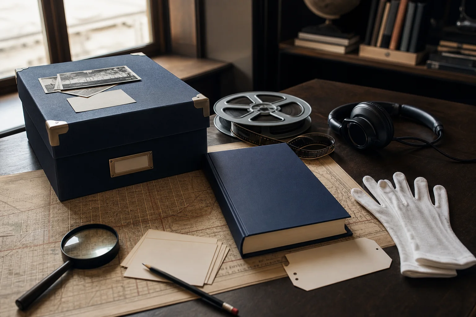 Photorealistic editorial research desk with an archive box, film reel, book, map, and source cards