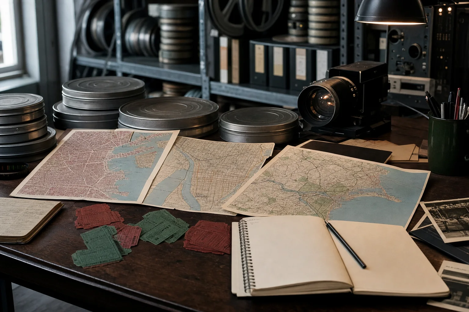 Photorealistic editorial film archive with city maps, cinema tickets, and a projector