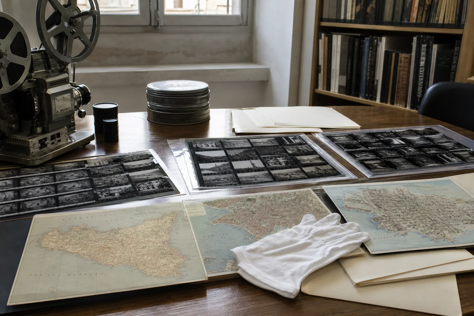 Photorealistic editorial cinematheque table with film contact sheets and maps of Sicily, Naples, and the United States