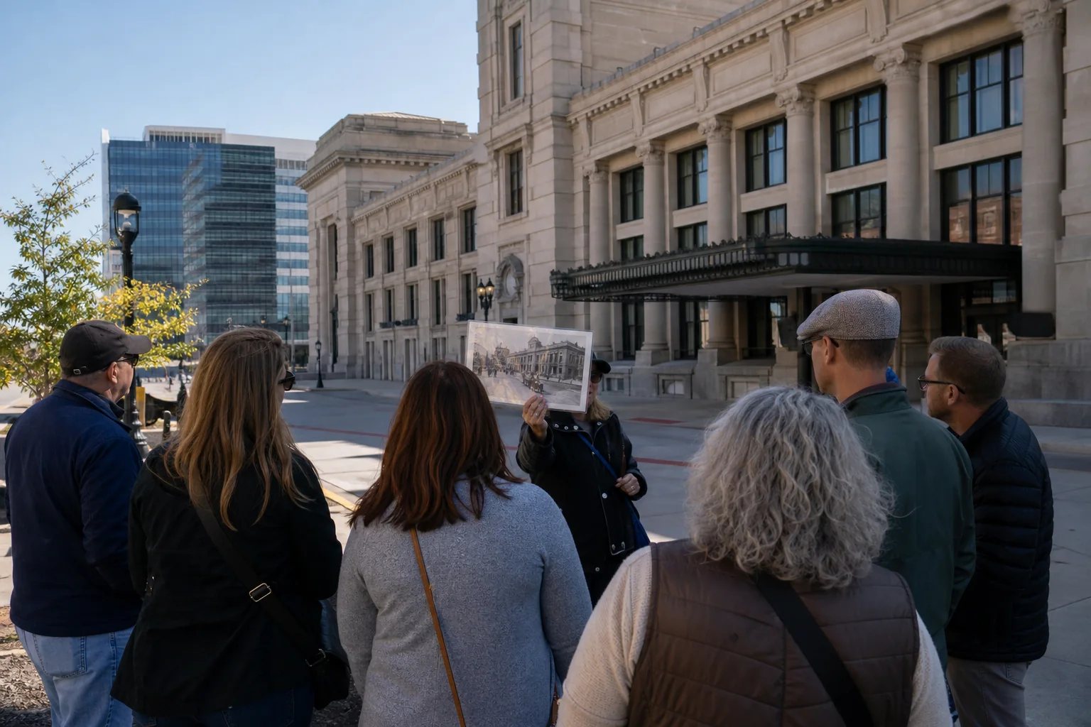 Photorealistic editorial scene of a responsible history tour outside Kansas City civic railway architecture