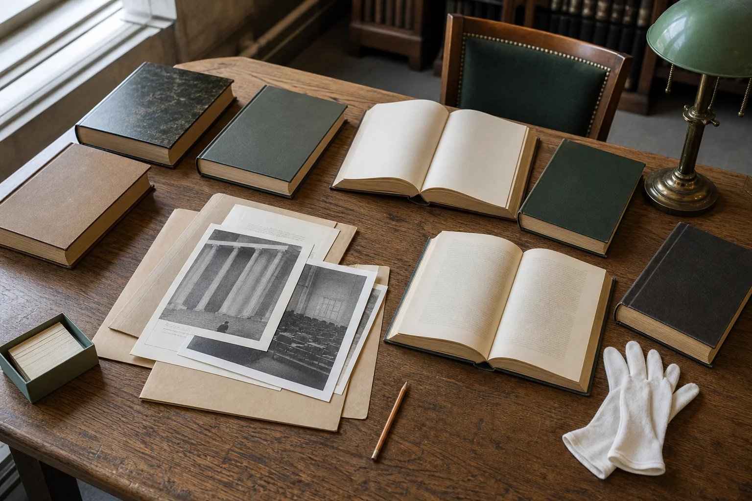 Photorealistic editorial scene of seven untitled nonfiction books on an archive research table