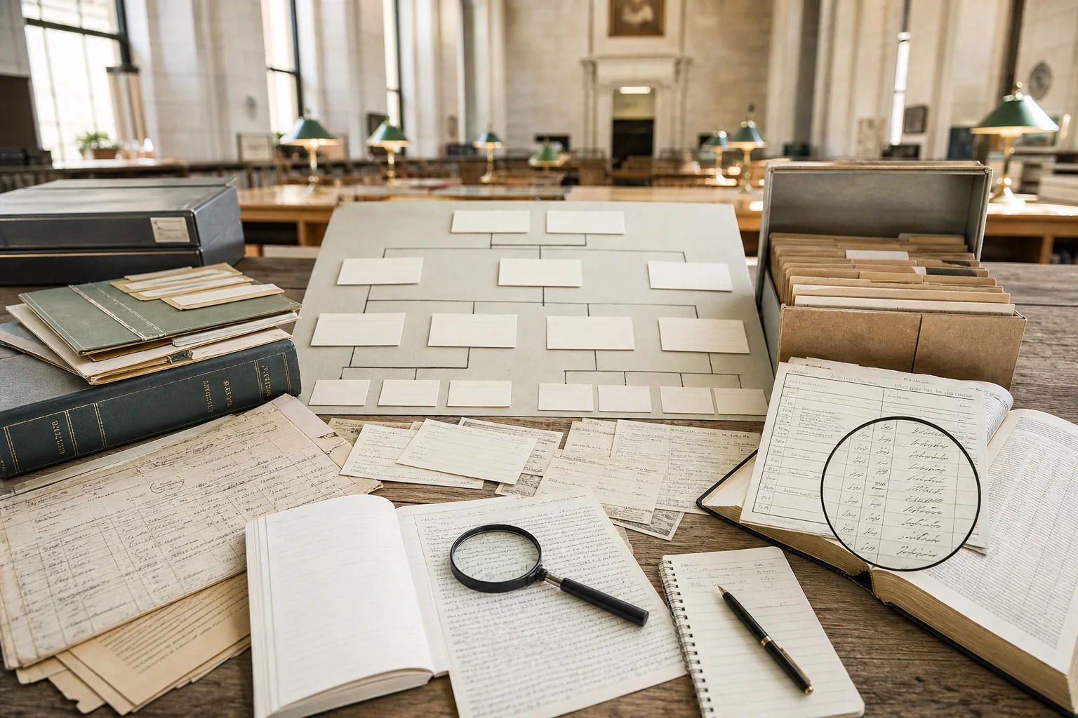 Photorealistic editorial genealogy desk with family-tree cards, records, and magnifying glasses