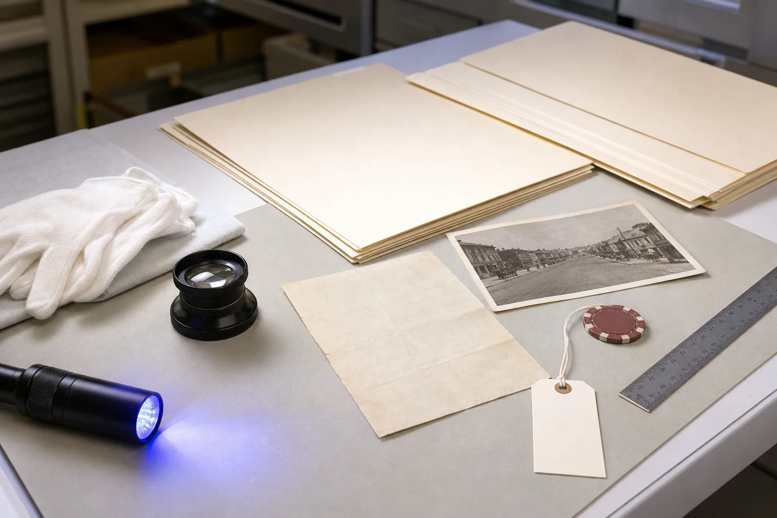 Photorealistic editorial provenance inspection table with gloves, loupe, unsigned letter, tag, chip, and ruler