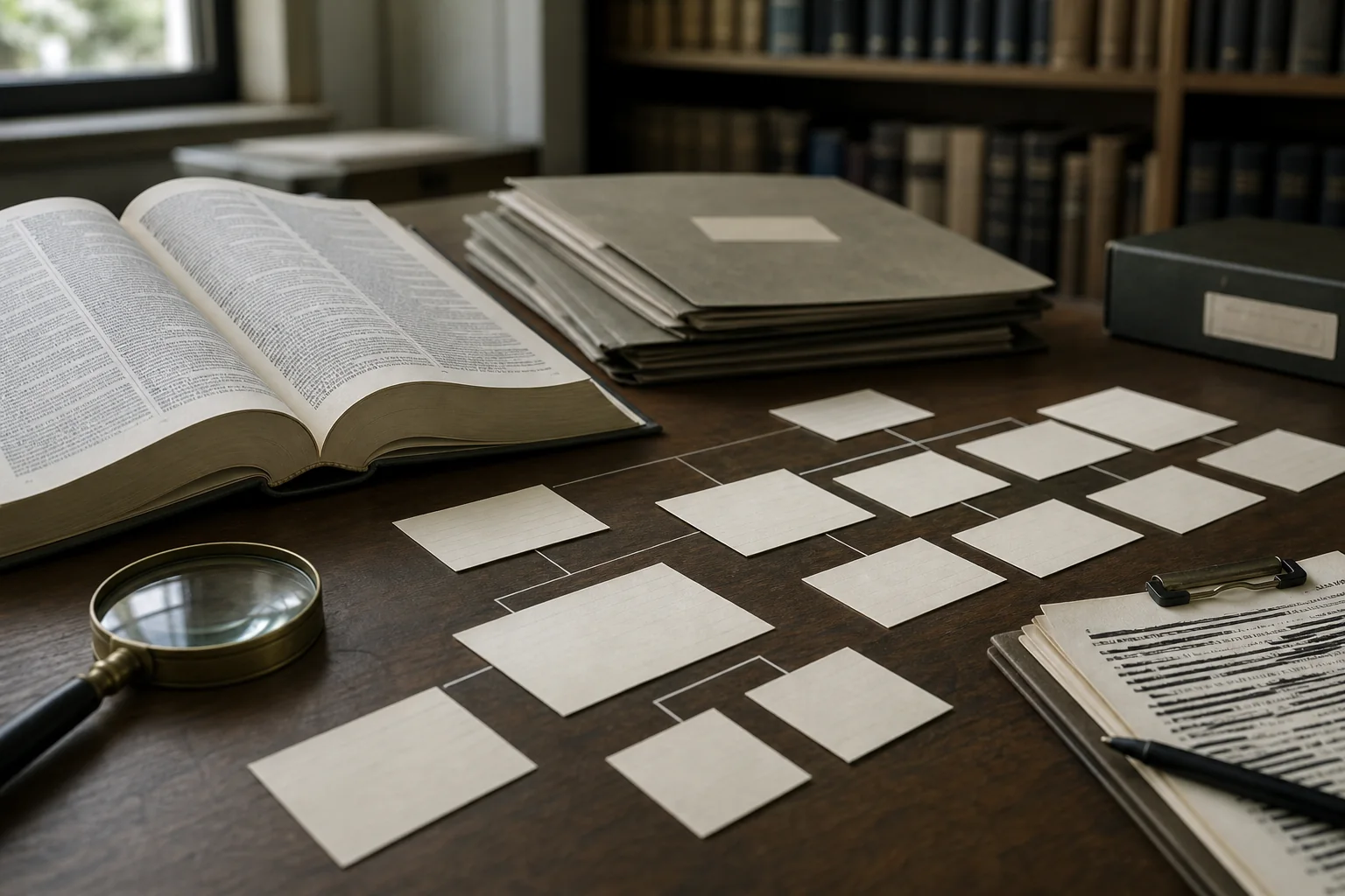 Photorealistic editorial research desk with a dictionary, organization cards, and legal source notes