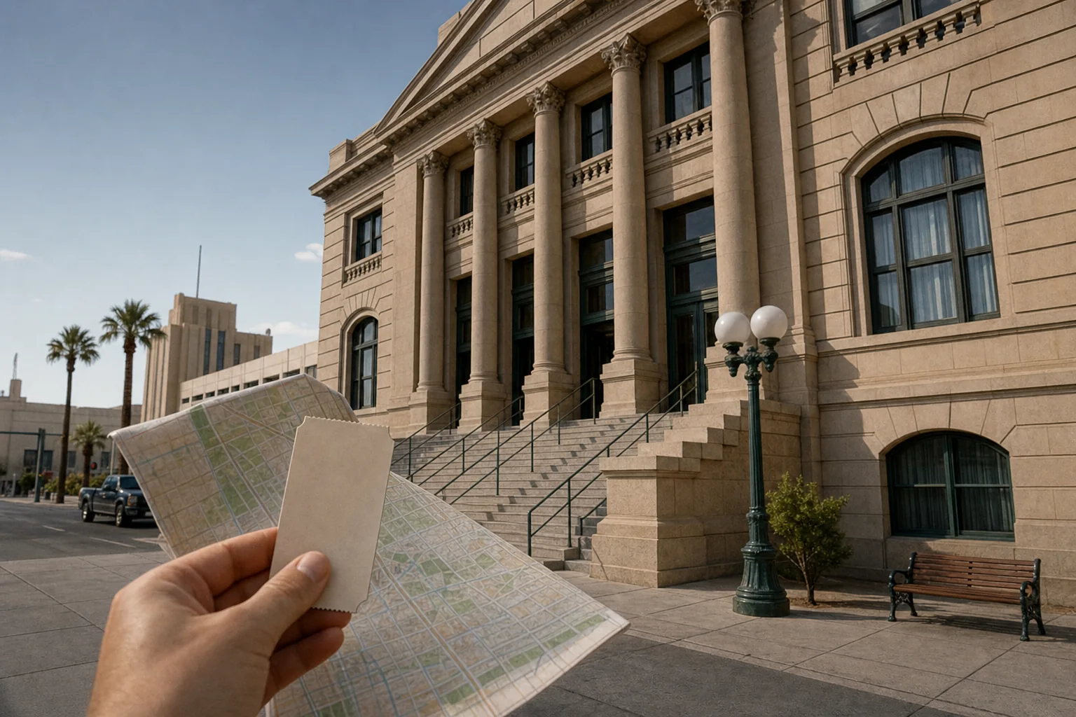 Photorealistic editorial scene of a Las Vegas museum visit with a blank ticket and civic architecture