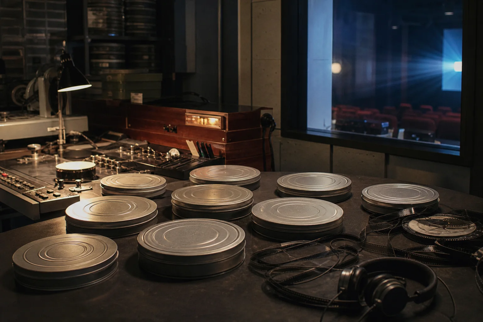 Photorealistic editorial scene of nine film canisters in a cinema archive comparison room