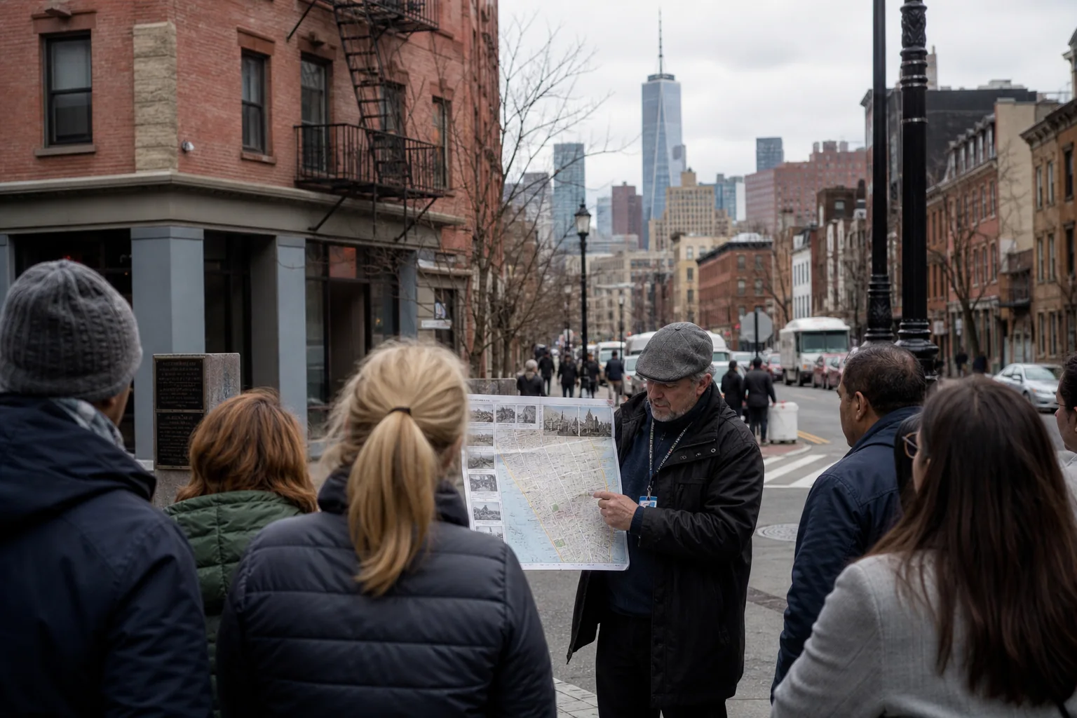 Photorealistic editorial scene of a responsible Lower Manhattan history tour using an archival map