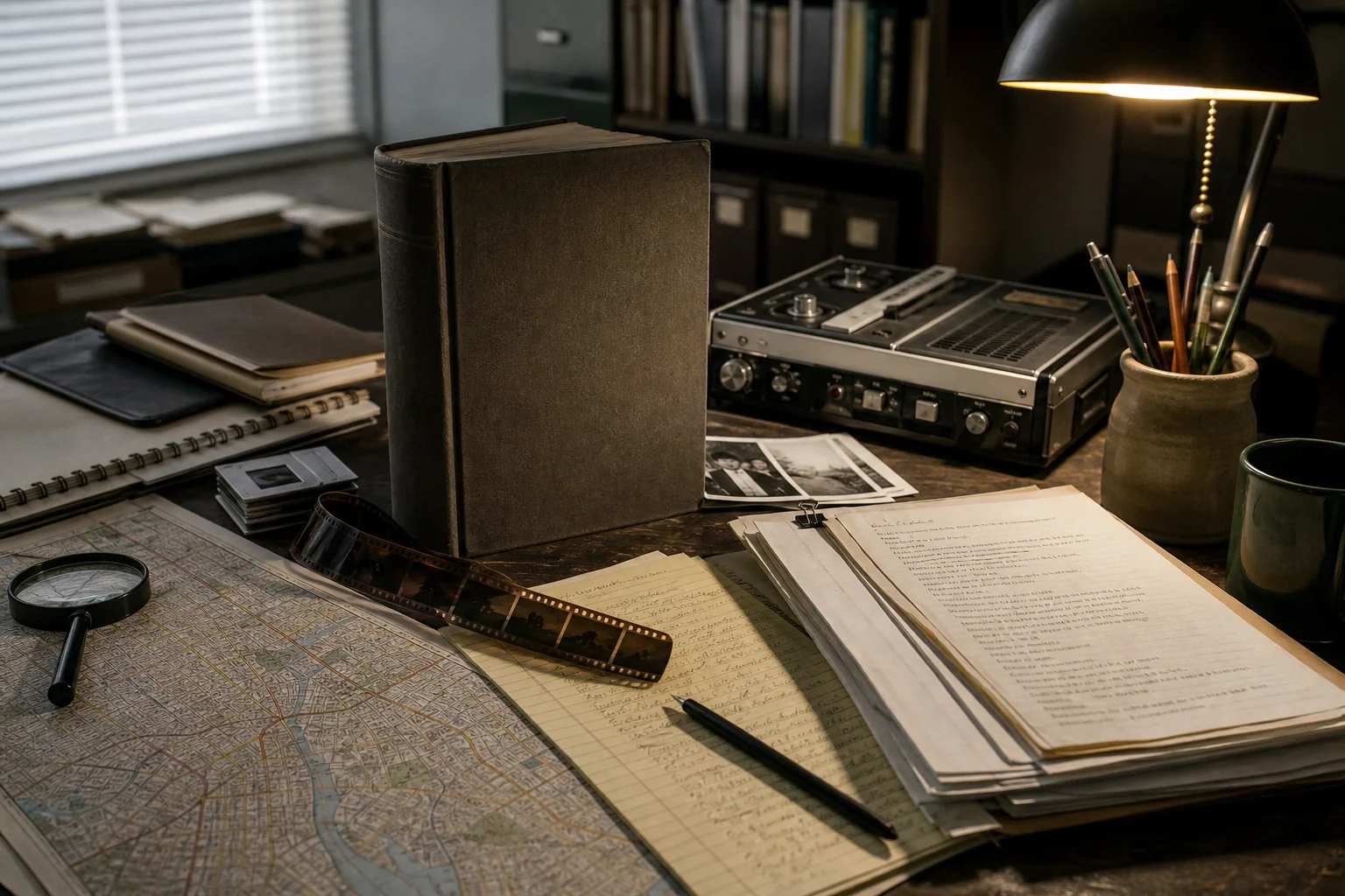 Photorealistic editorial scene of an untitled book, tape recorder, film strip, map, and transcripts